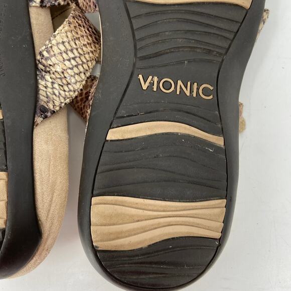 Vionic Aubrey Sandals Size 9 Brown Snake Reptile Orthaheel Triple Strap - Picture 9 of 10